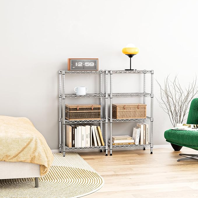 IZEUK 4 Tier Steel Storage Shelves, Heavy Duty Metal Shelf Wire Shelving Rack for Pantry, Kitchen, Living Room, or Office Organization (11.8" D x 21.7" W x 39.5" H, 1000LBS, Chrome)