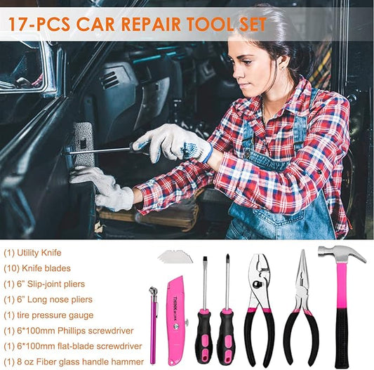 THINKWORK Car Emergency Kit for Teen Girl and Lady's Gifts, Pink Emergency Roadside Assistance kit with Pink Car Tool Set, 10FT Jumper, First Aid Kit, and More Ideal Pink Car Accessories Tool - E8