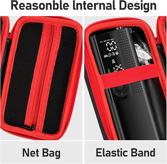 Case for Airmoto for MODARI Tire Inflator Portable Air Compressor Case,120 PSI Air Pump,Car Tire Pressure Gauge (150 PSI) Storage Bag, Air House, Connector and Accessories (Box Only)-(Black+Red)