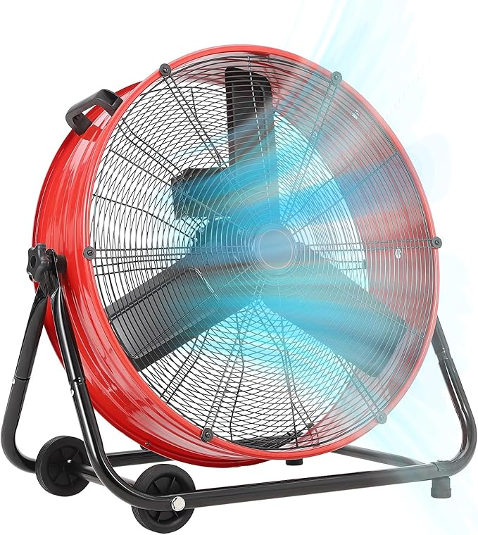 GarveeHome 24 in High Velocity Drum Fan, Heavy Duty Industrial Floor Fan with Adjustable 3 Speed 4800-8800 CFM Cooling, for Industrial Commercial Space Garage, Metal Blades/360° Rotation