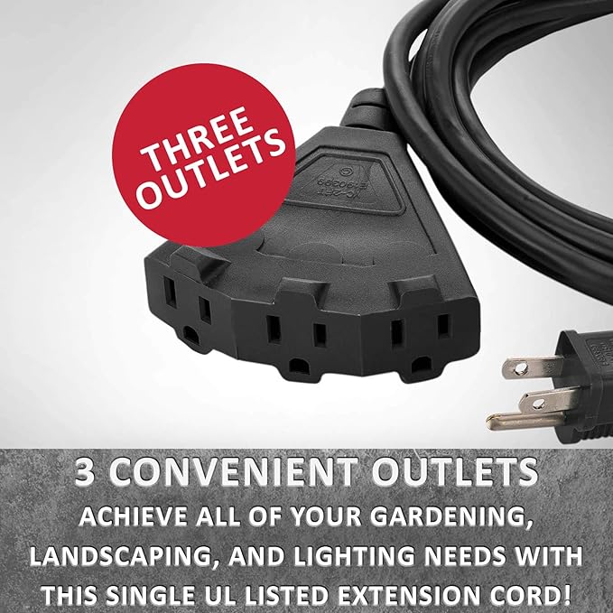 Holiday Lighting Outlet 15-Foot Black Extension Cord, 3-Prong Indoor & Outdoor Splitter, Perfect for Landscape Lighting