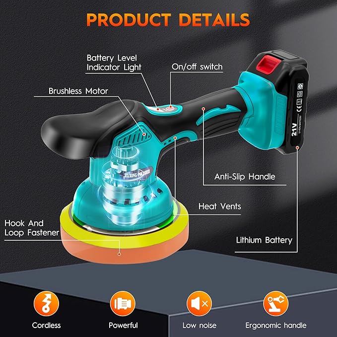 Cordless Car Buffer Polisher Kit with 2x21V Batteries, 6 Inch Car Polisher with 8 Variable Speed Max 6000RPM & 21 PCS Attachments, Buffer Polisher for Car Detailing, Sanding, Scratch Removing