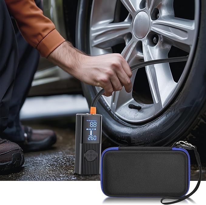 Tire Inflator Case for Hafuloky/ for LOLSSA/ for EMSON for Bullseye Pocket Air Compressor, Portable Cordless Car Tire Pump Travel Storage Bag with Mesh Pocket for Pressure Gauge Accessories(Box Only)