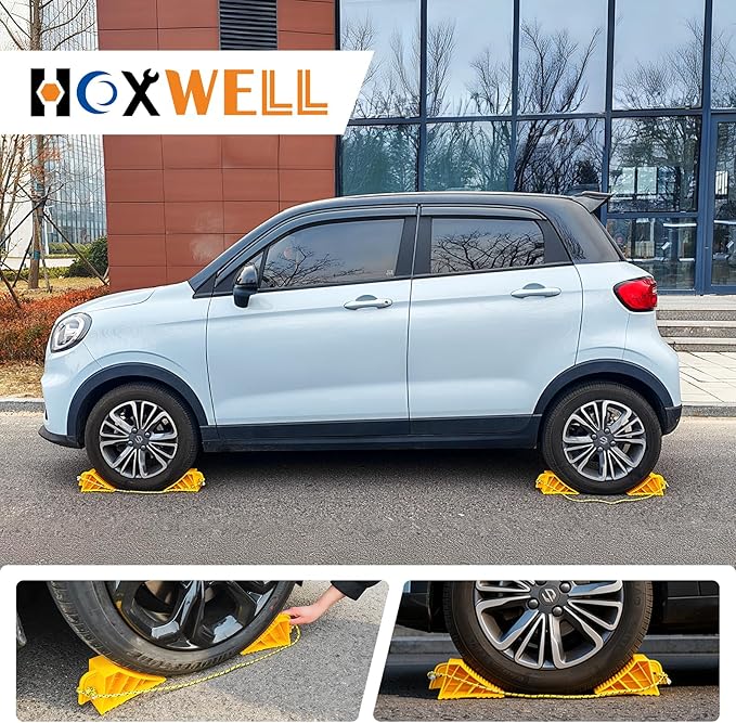 HOXWELL 1 Pair Wheel Chocks with Rope & Handle Design for Travel Trailers, Non Slip Yellow Wheel Chock, Lightweight Wheel Stoppers for Cars Campers Trucks RVs, Easy to Carry