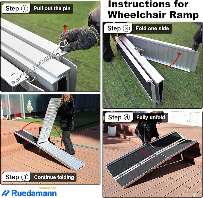 Ruedamann 6FT Portable Wheelchair Ramp, Non-Slip Aluminum Folding Handicap Ramp for Doorways, Wheel Chair Threshold Ramp for Home Steps, Stairs, Wheelchair, Scooters, Pets, Entry