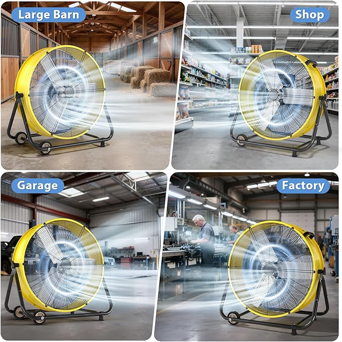 LifePlus 30'' Large Industrial Fan,14000 CFM High Velocity 3-Speed Heavy Duty Metal Air Circulator with 360° Tilt, Casters Handle, Ideal for Warehouse, Factory Workshops, Patios, Garage, Yellow