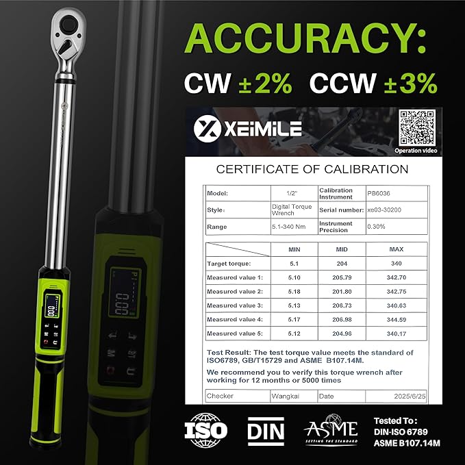 Digital Torque Wrench 1/2"Drive-3.8-250.8Ft.Lb/5.1-340N.m, Electric Torque Wrench With Dual Direction Vibration Buzzer LED Indicator,±2% Accuracy Five Units for Bike Motorcycle Car Auto Repair