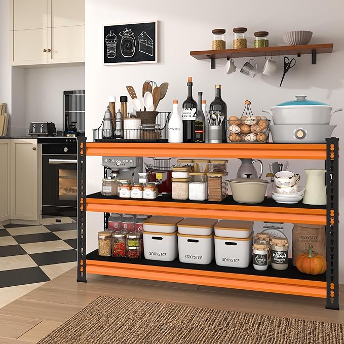 48" W Garage Shelving Heavy Duty, 1500LBS Loads Adjustable Garage Storage Shelves, 3-Tier Metal Shelving Units and Storage Racks, Industrial Utility Shelf,48" Wx18 Dx39 H, Orange