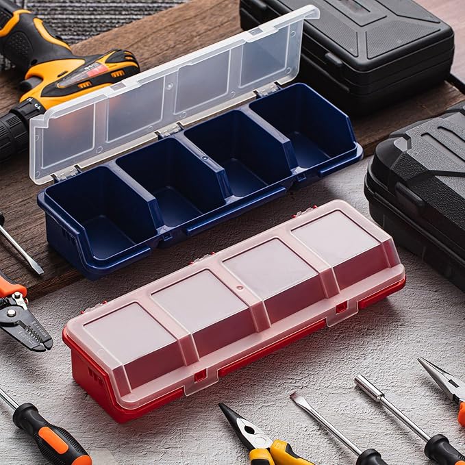 Hushee 4 Pcs Screw Organizer Box with Lid 4 Compartments Tool Bin Divider Plastic Stackable Hardware Organizer Small Part Storage Sorting Screw Box for Garage Workbench Craft Storage (Blue,Red)