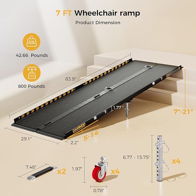 CAMMOO 7 FT Portable Wheelchair Ramp-800LBS Heavy-Duty, High-Strength Aluminum Alloy with 4 Adjustable Legs, 4 Wheels, Triple Anti-Slip and Seamless Design, Ideal for Home Steps, Threshold, Doorways