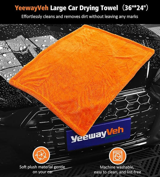 YeewayVeh 3 Pack Car Drying Towel, 24" x 36" Double Twisted Loop Car Drying Towels Extra Large, 16" x 16" Edgeless Microfiber Drying Towel and Absorbent Waffle Weave Towels for Cars Truck SUV, Orange