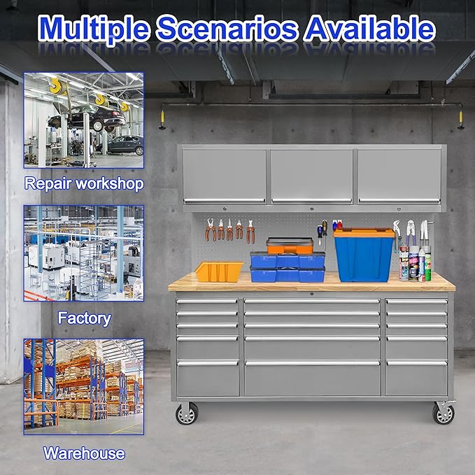 72-Inch Stainless Steel Rolling Tool Box with 15 Drawers & 3 Upper Cabinets, Heavy-Duty Mobile Garage Workbench, Lockable Large Tool Chest Storage Cabinet with Wheels and Pegboard for Workshop