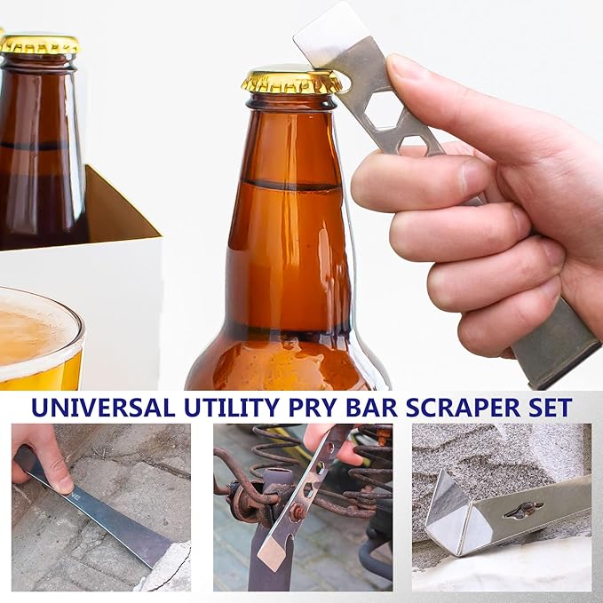 2-Piece Stainless Steel Pry Bar Scraper Set - 9-1/2" Flat Pry Bar and 6-11/16" Mini Crowbar with Socket Wrench, Bottle Opener, Molding, Nail Puller, Scraper and Baseboard Removal Tool