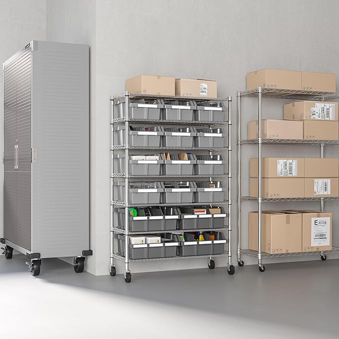 Seville Classics Heavy Duty NSF Bin Rack Solid Steel Wire Shelving Storage Unit, Patented Organizer for Garage, Warehouse, Office, Restaurant, Classroom, Kitchen, Gray, Includes 16 Bins