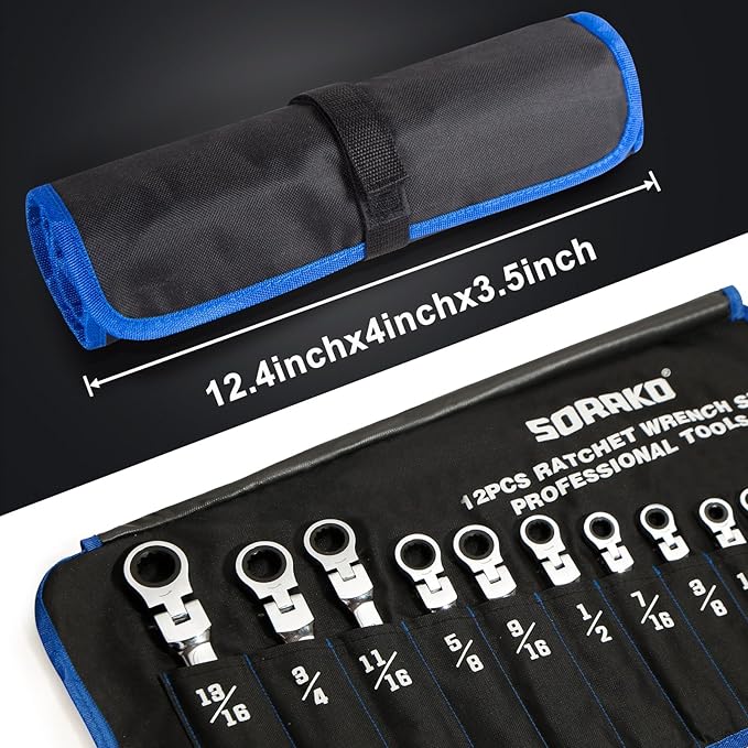 SORAKO Ratcheting Wrench Set Flex Head, 16 Piece SAE Combination Ratchet Wrench kit, 1/4″ - 13/16″ Chrome Vanadium Steel Wrenches