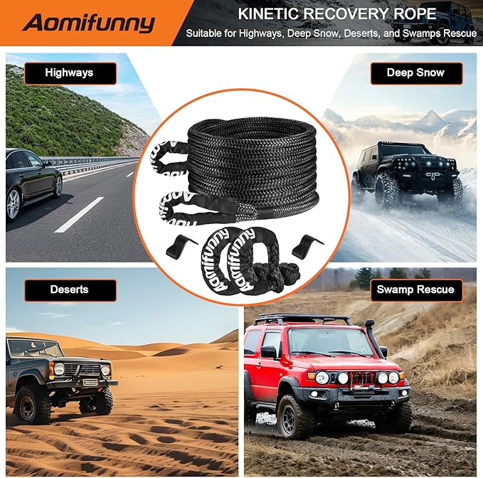 1" x30ft Kinetic Recovery Tow Rope Kit, 48,800 lbs Break Strength, 35% Elasticity, with 2 Soft Shackles, Heavy Duty Tow Strap for Offroad Jeep, SUV, Truck, ATV, UTV, Tractor & 4x4 Vehicles