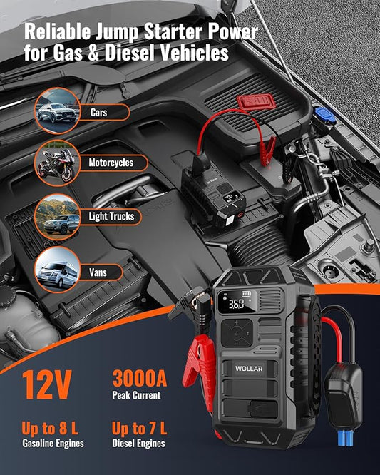 3000A Jump Starter with 160PSI Air Compressor - Car Battery Jumper Starter, 74Wh Portable Tire Inflator, 12V Jump Box, 20000mAh Powerbank, Dual Flashlight for 8.0L Gas & 7.0L Diesel Engines