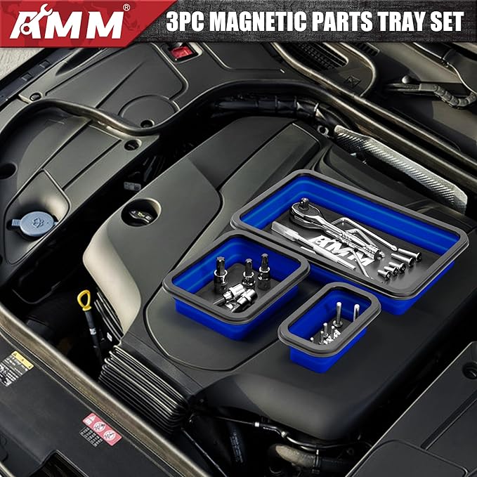 AMM Foldable Magnetic Parts Tray Set, 3 Different Size Magnetic Tool Trays for Bolts Screws Nuts & Small Metal Parts, Mechanic Tool Present for Men,Blue