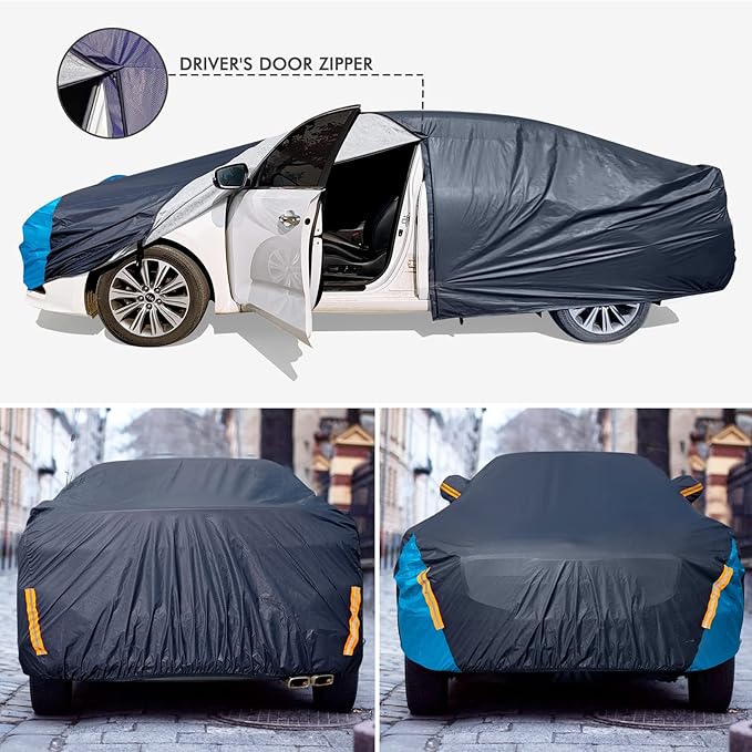 Car Cover Waterproof All Weather for Automobiles, 6 Layers Outdoor Full Exterior Cover Rain Sun UV Snowproof Protection with Zipper Cotton, Mirror Pocket for Sedan (173-183 inch)