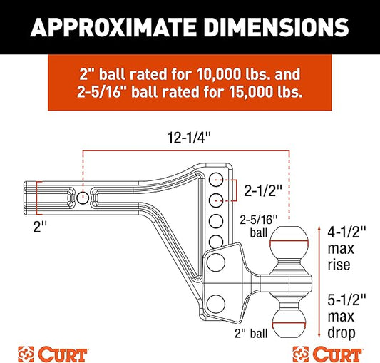 CURT 45935 Adjustable Trailer Hitch Ball Mount with Dual Ball, 2" Shank, Up to 15,000 lbs
