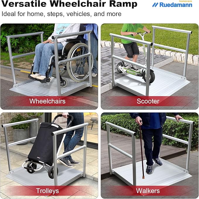 Ruedamann 3'L x 36" W Aluminum Wheelchair Ramp with Handrails, 600 Lbs Capacity Threshold Ramp for Home Steps Stairs Curbs, Non-Slip Access Ramp, Doorway Ramps for Wheelchairs Scooters Carts Walkers