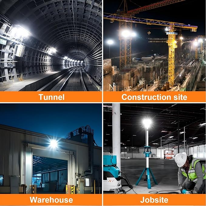 LED Temporary Work Light 100W, 15000Lm, 5000K Daylight White, Portable, Connectable LED Worksite Light with Hook, IP65 Dustproof and Waterproof, Suitable for Wet Locations and Construction Sites