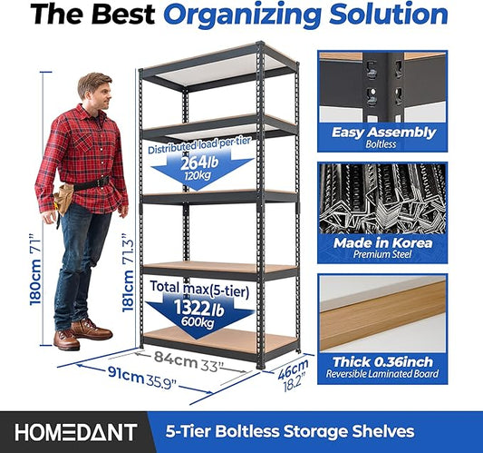 HOMEDANT Deep Width 5 Tier Heavy Duty Garage Shelving Adjustable Metal Rack Storage Shelves Standing Shelf Unit Organizers Pantry Closet Black 1Pack (35.9" W x 18.2" D)