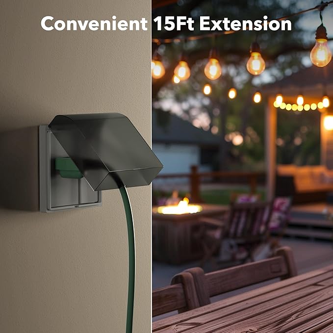 BN-LINK 2-Pack 15Ft Outdoor Extension Cord with 3 Outlets 16/3 SJTW Power Cord, 3-Prong Grounded Plug, for Landscaping & Holiday Decorations, ETL Listed