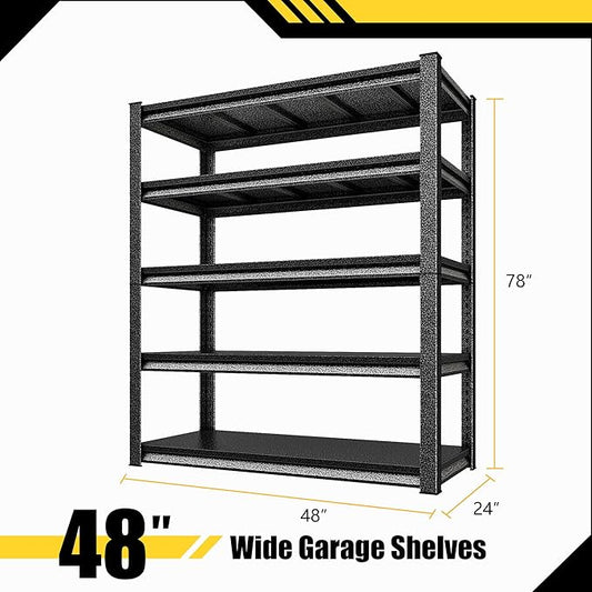 Metal Garage Shelving Heavy Duty,3000LBS Loads Garage Storage Shelves, 48”W 5-Tier Adjustable Storage Racks and Shelving Units for Garage Basement and Kitchen, 48”W x 24”D x 78”H,Silver