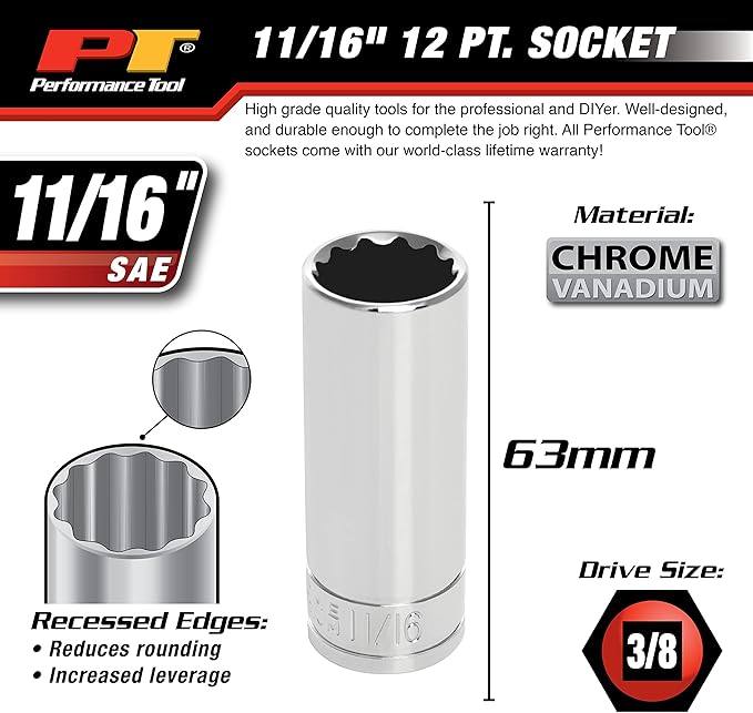 Performance Tool W38622 12-Point Socket, 3/8-Inch Drive, 11/16