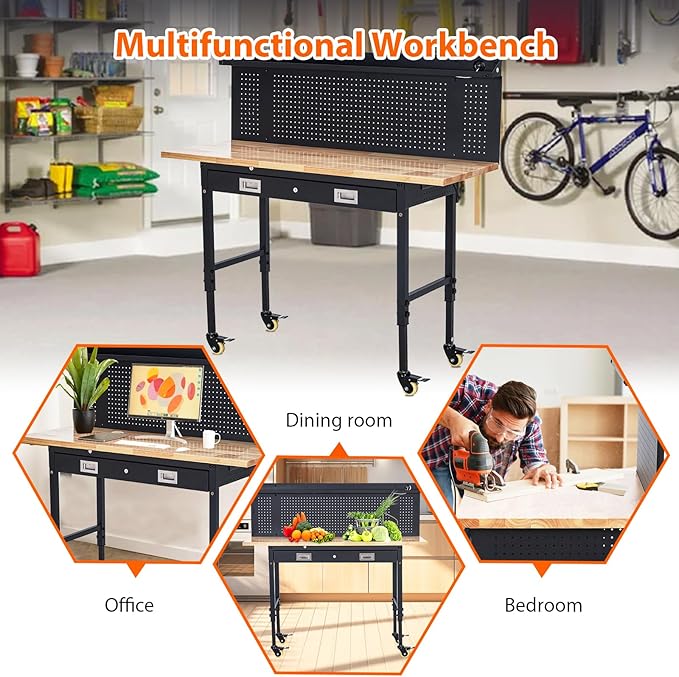 GarveeTech 60" Adjustable Height Workbench, Rubber Wood Tabletop Workbench with Pegboard, Storage Drawers, Rolling Work Table with Wheels, Power Outlet, 2000lbs Capacity, Garage Workbench for Workshop