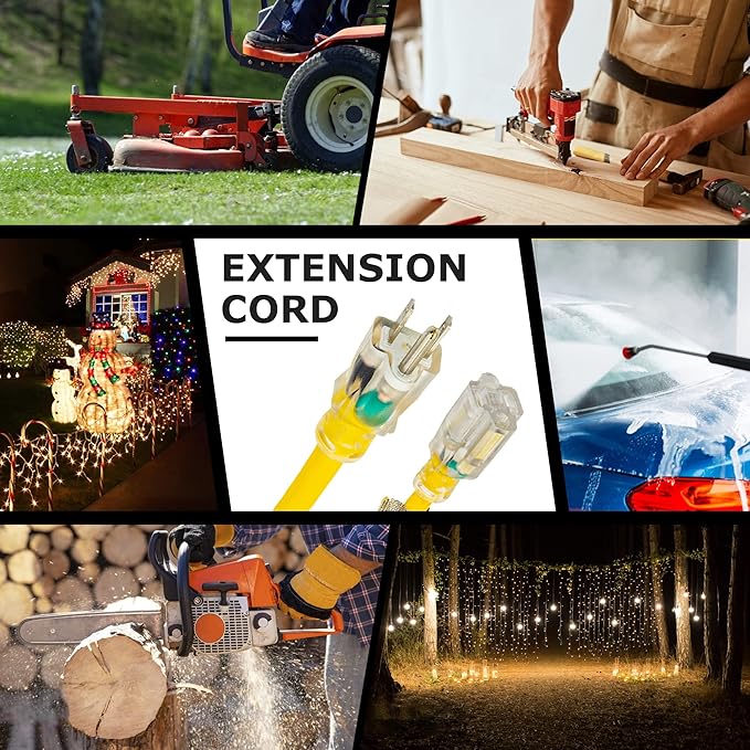 YOJOE Indoor Outdoor Extension Cord with Lighted End, 12 Gauge Heavy Duty 15 ft Yellow 3 Prong 15A Weatherproof Power Cord for Garage, Garden and Home, 12/3 SJTW UL Listed