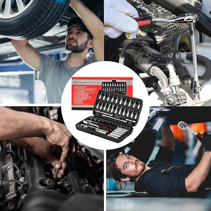 Socket Wrench Set, 53PCS 1/4 Inch Ratcheting Wrench Set And Extension Bar Gimbal Slide Bar Extension Sockets, Set For Automotive Repair And Home Use.