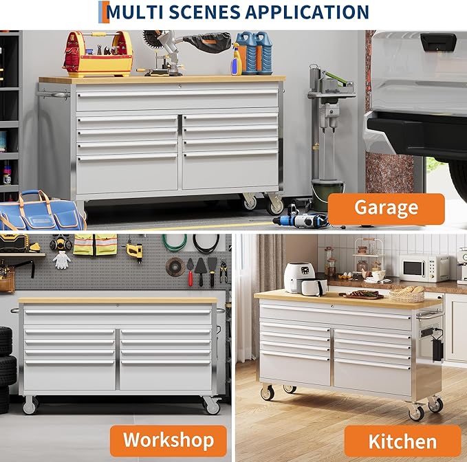 Tool Chest, 72 Inch Tool Box Mobile 9 Drawers Storage Rolling Cabinet with Wheels Lock Key Locking System Drawer Liners for Garage Warehouse Repair Shop, Sliver