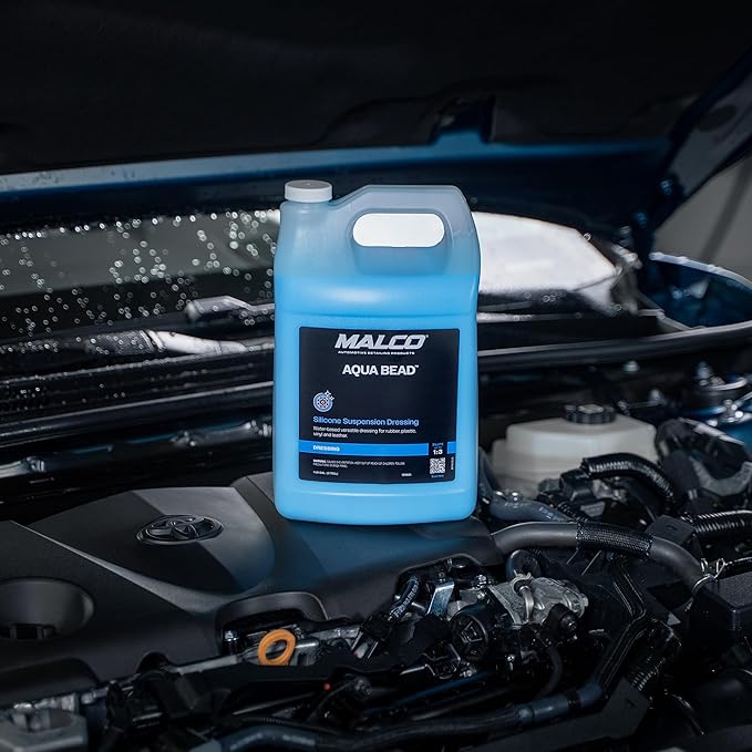 Malco Aqua Bead Water Based Dressing - Non-Greasy Interior and Exterior Dressing/Shines Car Tires, Rubber, Plastic and Trim/Concentrated Formula, Dilutable for Variable Gloss / 1 Gallon (129601)