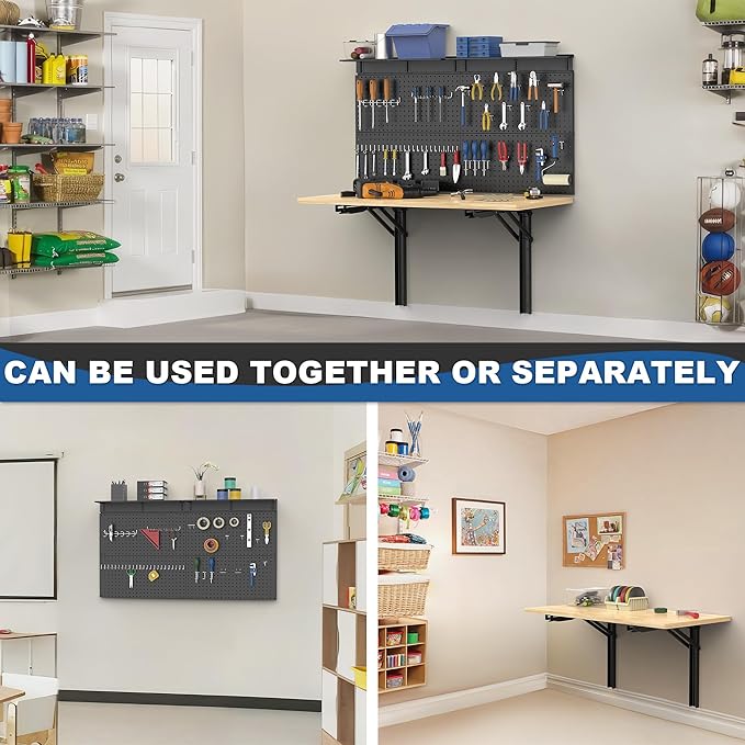 Ultrawall Wall Mounted Workbench with Pegboard, Folding Down Work Table Metal Pegboard Wall Organizer for Garage, Workshop, 48”X24”