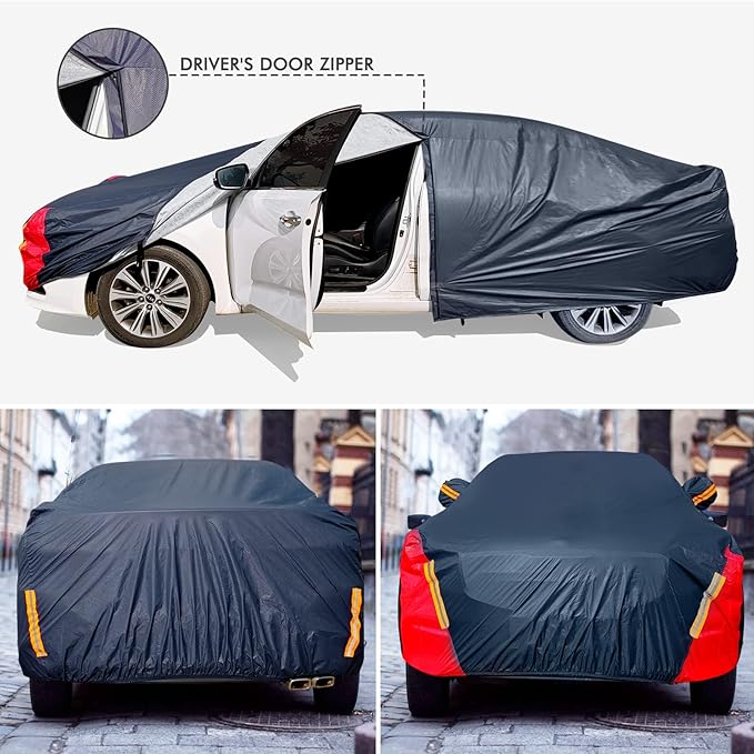 Car Cover Waterproof All Weather for Automobiles, 6 Layers Outdoor Full Exterior Cover Rain Sun UV Snowproof Protection with Zipper Cotton, Mirror Pocket for Sedan (190-195 inch)