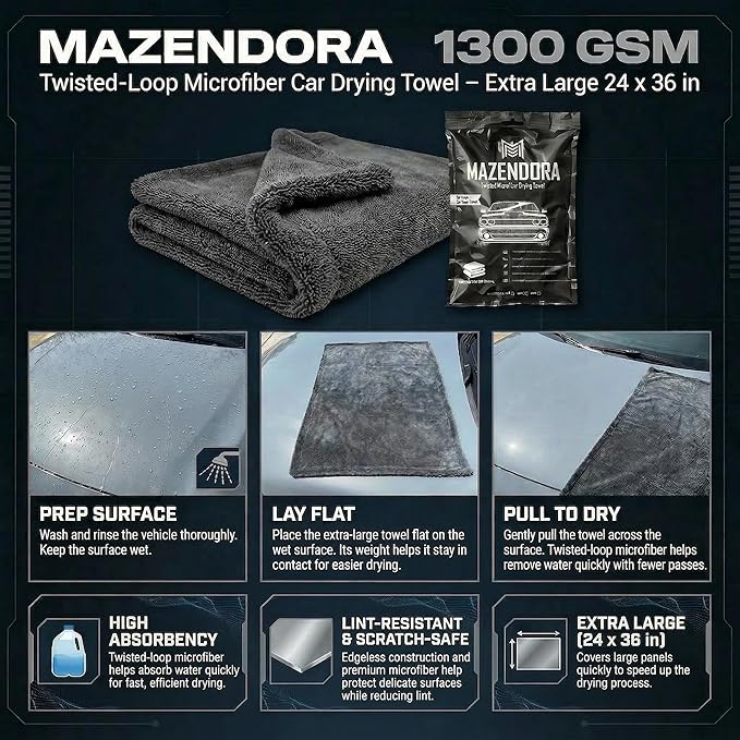 1300 GSM Twisted Loop Microfiber Car Drying Towel, XL 24x36 Inch, Edgeless, Ultra Absorbent, Lint Free & Scratch Safe Detailing Drying Cloth for Cars, Trucks & SUVs