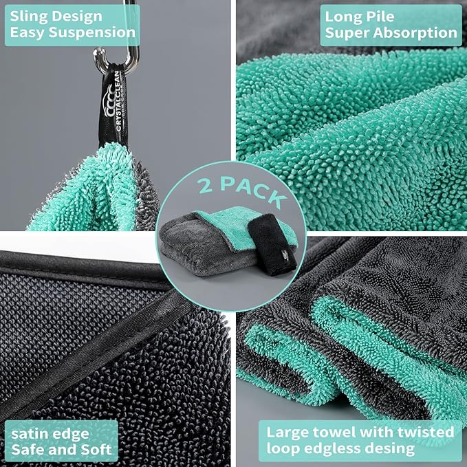 Crystal Clean 1300GSM Microfiber Towels for Cars – XL Drying Towel with Double Twisted Loop, Professional Detailing Towel Car Detailers - Quick Dry, Paint Safe & Swirl-Free (Grey+Green)