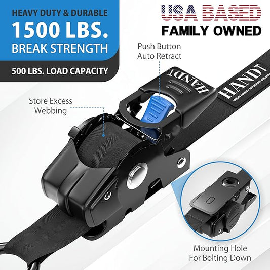 HandT USA Based Retractable Ratchet Straps (2PK) 1in x 6ft - 1,500lb Break Strength, Heavy Duty Automatic Ratchet Straps Self Retractable Tie Down, Push Button Retracting Truck Trailer Cargo | Black