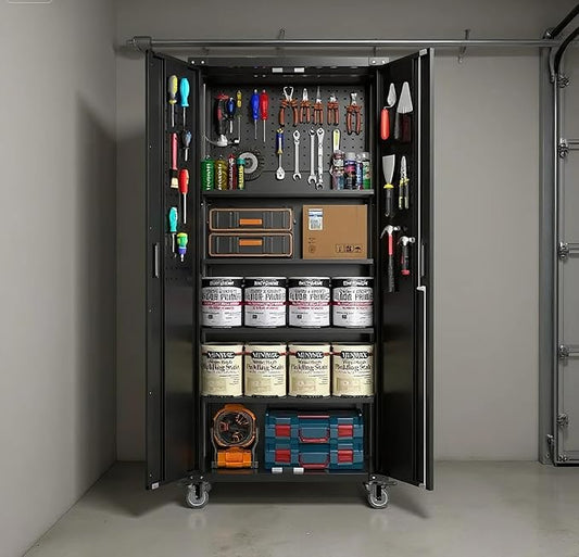 Metal Garage Storage Cabinet with Doors and Wheels, 72" High Lockable Storage Cabinet with 4 Adjustable Shelves and Pegboard, for Garage Workshop Home Office