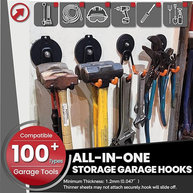 ULIBERMAGNET Heavy Duty Magnetic Garage Hooks Kit,12 Pack Strong Large Magnet Hook for Power Drill,Garden Tools,Hose,Pegboard,Garage, Workshop,Magnetic Storage Hooks for Indoor Outdoor Hanging(Black)