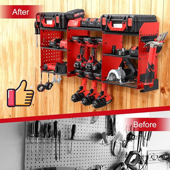3 layers power tool organizer Loads 150lbs with 6 Cordless Drill Holder and 6 Outlet Power Strip,it’s good choice for husband birthday gift,red