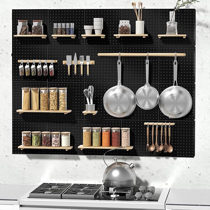 Peg Board, 4PCS Metal Pegboard, Heavy Duty Pegboard Wall Organizer with Frame. Black Pegboard for Walls, Garage, Workbench, Craft Room Tool Organization, Metal Pegboard Panels 12in*12in