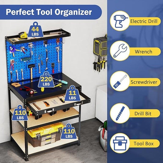 Goplus Workbench with Drawer, 32" x 16" Heavy-Duty Work Table with 2 PCS Pegboard & 4 Shelves, 19 Hanging Hooks, 495LBS Capacity, Metal Tool Storage Work Bench for Garage, Workshop, Home