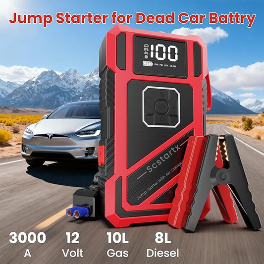 3000A Peak Car Jump Starter with 150PSI Air Compressor – Smart Jump Cable, LED Flashlight & USB Charger, 12V Emergency Starter for Vehicles up to 10L Gas & 8L Diesel