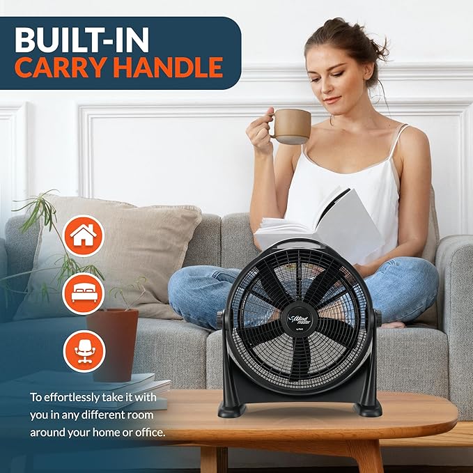 PAMI Turbo 20” High-Velocity Floor Fan - Quiet Portable Fan With 3 Speed Levels & Carry Handle- Adjustable Head Powerful Air Flow Industrial Fan- Heavy-Duty Electric Box Fan For Bedroom Home Office