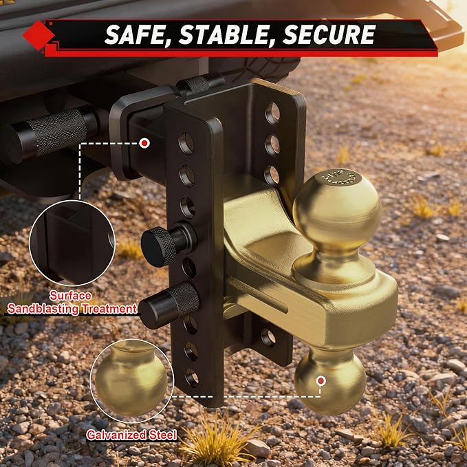 TYT Adjustable Truck Trailer Hitch for 2.5 inch Receiver, 6" Drop/Rise Tow Hitch with Dual Balls (2" & 2-5/16"), 14,000 lbs GTW, 1,400 lbs TW, Includes Two Pin Locks & Hitch Tightener