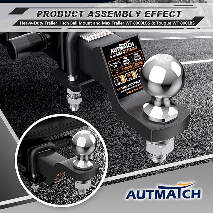 AUTMATCH Trailer Hitch Ball Mount with 2 Inch Hitch Ball - Fits 2" Receiver with Hitch Tightener, 8000Lbs Capacity Ball Hitch, 2-Inch Drop with 5/8" Hitch Lock Pin, Gunmetal