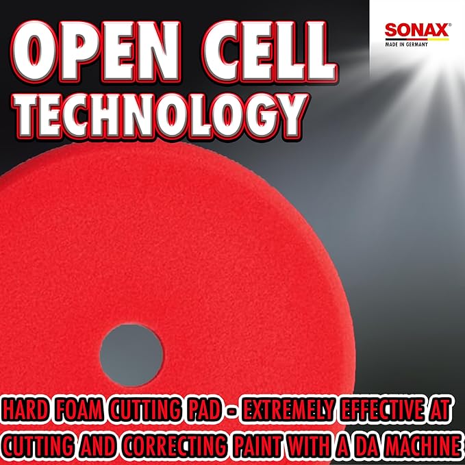 SONAX Red Hard Cutting/Polishing Pad 493100 | Heavy-Duty Foam Pad for Swirl & Scratch Removal | Ideal for Aggressive Paint Correction | for Dual Action & Rotary Polishers | 494200 | 4 Pack, 3-Inch